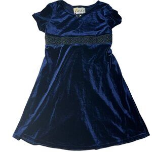 Vintage Girl's Size 6 Short Sleeve Crushed Velvet Holiday Dress Dark Blue Beaded